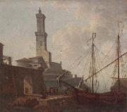 unknow artist A Port scene with figures loading a boat oil on canvas